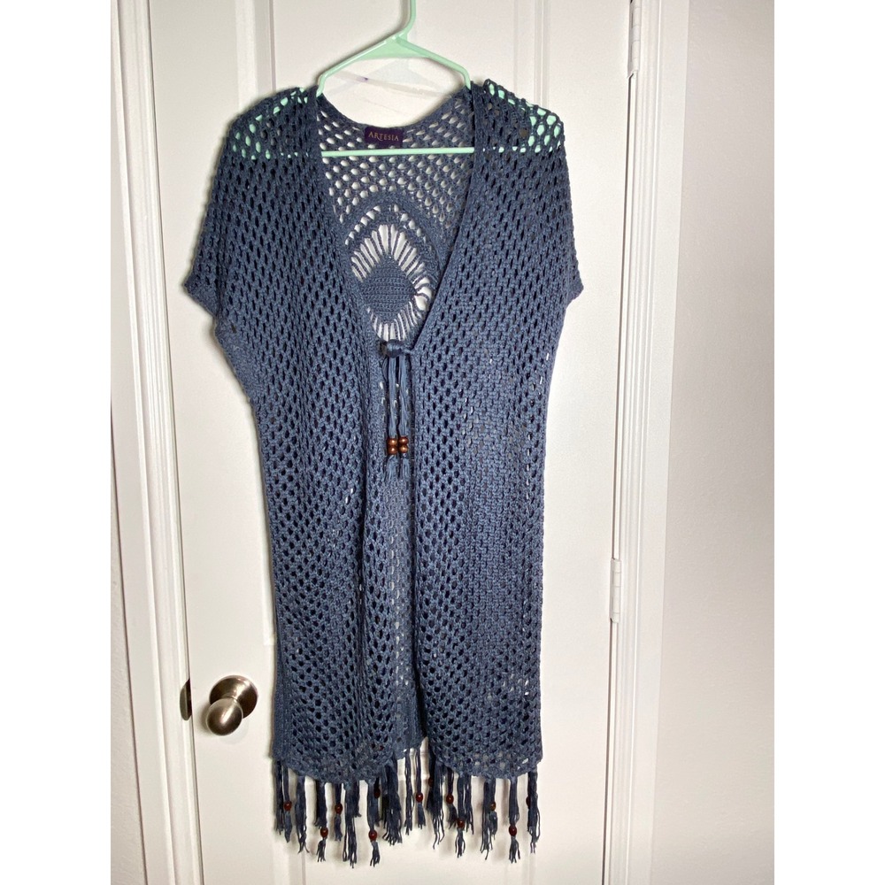 Artesia Crochet Tunic Cover Up Blue Boho Beaded Tie Beach Swim Medium